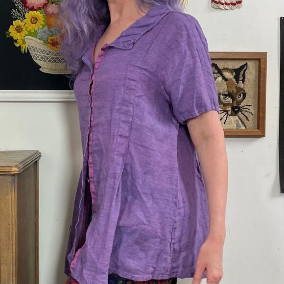 Flax (Jeanne Engelhart) Purple Linen Blouse, Swingy Short Sleeve Lavender Top L - Picture 8 of 10